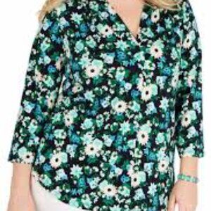 Blue & Green Floral V-neck Long Sleeve Top
